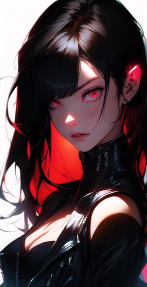 \\Beautiful 20 year old woman\\, (red eyes), glowing eyes:1.4, ((black hair)), bangs, long_hair, hourglass body shape, detailed eyes, normal breasts quality, slim waist, (slim thick body), ((medium portrait)), in a sheer bra wearing biker jacket