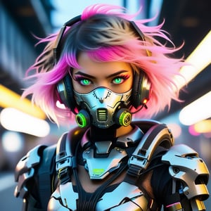 Close-up shot of a female cyborg, 'Bob-Cut' hair vibrant with colorful hues, framing her intense expression. A scratch mask with cat-ear headphones and nun headscarf adorn her face, juxtaposed with tactical armor plating and a sharp black dragon's head with neon accents. Infected machine parts mesh seamlessly with her beautiful girl features. Crouched in fighting stance, she grasps a gun, futuristic hair infected with glowing strands, set against the blurred cityscape of a terminal station. Her eyes blaze with golden flames amidst chromatic spots on her black eyeballs, within the deva battle suit's armor shell, evoking a Nijistyle aesthetic.,reelmech,txznmec,Cinematic ,more detail XL, m3