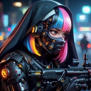 Close- up shot of a female cyborg crouched in fighting stance, intense expression etched on her face. Her Bob-Cut hair bursts with colorful hues, framing her features as she grasps a gun amidst futuristic strands infected with glowing accents. A scratch mask with cat-ear headphones and nun headscarf juxtapose with tactical armor plating and a sharp black dragon's head featuring neon highlights. Beautiful girl-like features blend seamlessly with machine parts. Blurred cityscape of a terminal station serves as the backdrop, with golden flames blazing within chromatic spots on her black eyeballs. The deva battle suit's armor shell reflects Nijistyle aesthetics, showcasing reelmech mechanical parts and joints.,reelmech