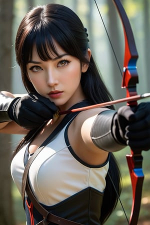 In a heart-pounding encounter, the beautiful archer draws her bow fully and aims at the viewer with sharp eyes and amazing momentum. The arrow shines with cold light as she prepares for a high-speed shot. A dynamic camera angle from in front captures the intense lighting, parallax motion blur, and ultra-detailed details of her striking features: high nose, black gloves, and long straight black hair with blunt bangs. Her chest-top composition showcases her vibrant white archery uniform amidst a warm, cinematic forest background, illuminated by sidelighting and ambient light. The 8K artistic photography-style illustration features breathtaking beauty, textures, and realistic details, making it a masterpiece in ultra-high definition (UHD).xxmixgirl
