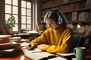 Compose a photorealistic concept art piece of a studious figure sitting at a cluttered study table on a rainy day. The subject, wearing a loose knitted turtleneck sweater and retro headphones, intensely studies amidst books and papers, surrounded by scattered stationery. Soft natural light pours through the rain-soaked window panes, casting an eerie glow. Elegant colors and watercolor rendering details adorn the scene. Note: niji style, very detailed, photorealistic concept art, soft natural volumetric cinematic perfect lighting.