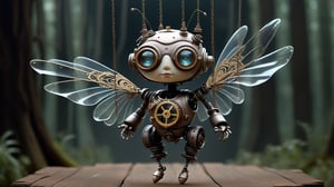 Here's a prompt for a Micro Mechanical Puppet Design:
A steampunk-inspired robot character, 'Sword Dance', is suspended in mid-air by multiple transparent threads, its metallic body adorned with intricate lace patterns.  The face and eyes of the puppet, full of feminine softness, seem to sparkle in the dim light, as if infused with an otherworldly charm. Aged and weathered, its mechanical structure appears both bizarre and real. Dynamic dance movements are captured in a cinematic composition, blending Gothic aesthetics with surreal realism. Sharp focus and high resolution render every detail, from the gold-lined ropes to the puppet's sharp features. Set against a dark forest background, this hyper-realistic art piece exudes an eerie sense of mystery, inviting the viewer to step into its strange beauty.