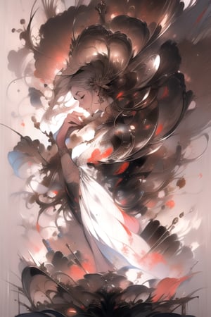 masterpiece, impasto, painting, cinematic lighting, dynamic rays, medium shot, full body, hyperdetailed, 1 goddess, long brown hair, black eyes, white dress, huddle, plain background, trending artstation, trending WLOP, fully rendered, expressive style,A Traditional Japanese Art