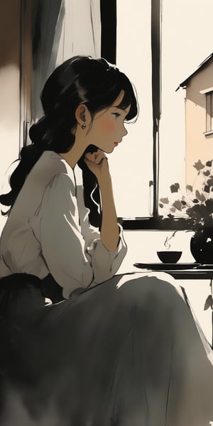 In a soft-focus, 8K establishing shot, a beautiful girl sits by a window, chin held thoughtfully in her hand. Her gaze drifts wistfully into the distance as she sips hot tea from a delicate cup amidst scattered stationery. The minimalist setting is bathed in warm, melancholic light, with subtle watercolor washes blending the scene. Ink lines define the girl's elegant features, set against a serene monochrome background that exudes sadness and longing.