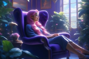 In a warm, cozy setting, an 18-year-old girl with long, coral pink hair sits comfortably on the armrests of a plush purple armchair. Her head is tilted back, gazing up at the ceiling as lush greenery gradually covers the walls, reaching the foot of the chair. Her detailed face, framed by a little nose and scattered freckles, shines with a soft, pale complexion. She closes eyes and long eyelashs sparkle beneath the gentle curve of her eyebrows. She wears a short candy pink dress that showcases her small stature and curvy figure. The overall atmosphere is one of relaxation, with warm lighting and a subtle sense of serenity.