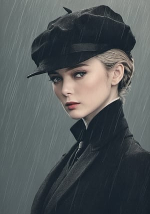 real, a woman, hat, long coat, smoking, gangster, underground business, raining, cool, close up shot,90s vibe, clean shot, peaky blinders style, black suit,colored background , sharp eyes, side view,ukiyo_e,japanese,Pencil Draw,raining,halsman