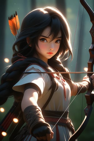best quality, masterpiece, beautiful and aesthetic, vibrant color, Exquisite details and textures, Warm tone, ultra realistic illustration, ultra high resolution rendering, asian girl, solo, the forest background, girl aiming with hunting bow, chest Top composition, beautiful face, beautiful eyes looking at the tip of the arrow, high nose, black gloves with a bow in front of the mouth, black bow string, arrowhead feathers, left hand and fingers holding bow, pose with bow held out in front,	cinematic lighting, ambient lighting, sidelighting, cinematic shot, siena natural ratio, children's body, anime style, head to toe, very long straight black hair with blunt bangs, cute white archery girl's uniform, with a compound archery, ultra hd, realistic, vivid colors, highly detailed, UHD drawing, perfect composition, beautiful detailed intricate insanely detailed octane render trending on artstation, 8k artistic photography, photorealistic concept art, soft natural volumetric cinematic perfect light. 