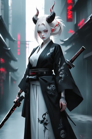 1 girl, (masterful), albino demon queen, (long intricate horns:1.2), 
kimono, one Katana in scabbard  at waist, bathed blood,large breast, Cleavage, hakama, Japanese style gaiter, kanji Tattoos, 
cyberpunk City background,photo_b00ster,ct-niji2