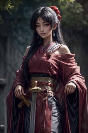 Realistic 8K 60fps, character photos, raindrops, Japanese-style red tattoos, kabuki banshee wearing Japanese new fashion dress with gentle gestures, Japanese-style long-haired demon girl Bonan kabuki, holding a giant sword, ancient giant demon background. off shoulder, kimono,kabukimono