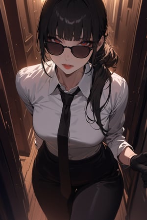 ((masterpiece, best quality, highres:1.2)), perfect face, looking at viewer, niji6, more detail XL, 1girl, solo, looking at viewer, sharp eyes, long straight pony tail black hair with blunt bangs, clearly brown eyes, ombre lips, soft makeup, ((black sunglasses:1.1)), (black_glove), white shirt, collared_shirt, black necktie, black pants, black jacket, female agent, one arm up, indoors, dark hallway, walking, [red lips], cold expression, extremely detailed illustration, 8k, high aesthetic, bokeh, windows, night, dropped shadow,eternum style