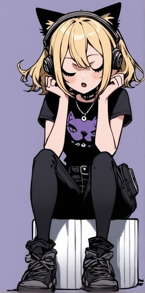 sticker design, Super realistic, full body, chibi, a cute girl with cat ears, short light blonde hair, the ends of her hair dyed lavender, black lipstick, black eyeliner, headphones hanging around her neck, flying goggles on her head, black goth punk Dressed in a short-sleeved hollow top, tight jeans, and a work fanny pack, sitting on a small stool with her elbows on knees and her chin on palms, showing a thinking expression and her mouth slightly poutted. Simple light gray background.