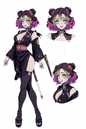 beautiful, masterpiece, best quality, extremely detailed face, brown skin, chest exposed, kimetsu no yaiba , bob cut, short hair, multicolored hair, makeup , parted lips, black lips, eyeliner, gothic, goth girl,
her hair is styled in a bob with bangs. the tips of her hair are dyed red, wand, (CharacterSheet:1), (multiple views, full body, upper body, reference sheet:1), back view, front view, (white background, simple background:1.2), large breasts, sexy pose, seductive smile,Mitsuri Kanroji