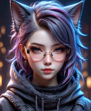 a girl wearing a hoodie with a cat on it, realistic, cyberpunk assassin, cyberpunk girl in hoodie wearing glasses, nekro xiii, very beautiful cyberpunk samurai, black lips, eyeliner, goth makeup, realistic anime art style, fantasy artwork, portrait of a steampunk catgirl, multicolor hair,goth person,ct-niji3,cyb-3d-art