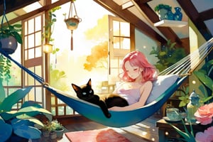 In a warm, cozy setting, warm golden light fills the cozy garden as the young girl with short, coral pink hair takes a nap in a hammock outdoors, her Siamese cat sleeping near to her. The hammock is suspended between two large indoor plants, surrounded by fairy lights and hanging terrariums. She was wearing a skimpy short dress, barefoot, and had a peaceful expression. The scene includes a variety of comfort items such as cushions, rugs and tea sets. The composition should use soft focus with multiple layers of transparency, blending real and fantasy elements seamlessly. scenery
,CrclWc,CuteSt1,WtrClr,watercolor \(medium\)