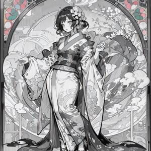 monochrome,grayscale high quality, high detailed line art, oriental, detailed art-nouveau stained glass, full body, Japanese God of Thunder,Raijin,cute,kawaii,mucha art style