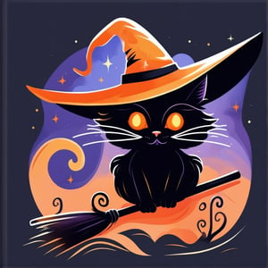 Minimalism, children's rough abstract lines, colorful, extremely childish, very messy, skewed, simple, random brushstrokes. a cute black cat rides a broom has orange eyes and it wear witch hat and hold a book and pen next to a cute Halloween Pumpkin, fantasy swirls splash,cute and quirky, fantasy art,hand-drawn, digital painting, low-poly,aestheticfi,flat design