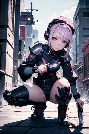 (masterpiece), science fiction, scenery,  1girl, short hair, bangs, Pink punk style armor, girl, sharp eyes, one knee on the ground, fighting crouching position, dark combat boots, purple woolen hat, headphones, carrying a sniper rifle, a knife at the waist, fingerless tactical gloves, black eyeballs and golden pupils,lucy