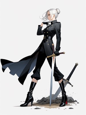1girl, solo, simple background, gloves, long sleeves, Greatsword, long sword, long trench coat, jewelry, standing, full body, weapon, white hair, earrings, black gloves, pants, sword, hair bun, black footwear, high heels, from side, profile, makeup, black pants, single hair bun, eyeshadow, high heel boots, long huge sword stuck in the ground vertically, lay hands upon sword hilt in front of her chest, long hilt, girl