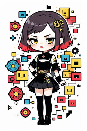 sticker design, steampunk, upper body, close eyes, white background, bob cut, short hair, multicolored hair, makeup , parted lips, black lips, eyeliner, gothic, goth girl,
her hair is styled in a bob with bangs. the tips of her hair are dyed red. sweet cartoon style

,disney pixar style,Line Chibi yellow,LIMBUSCOMPANY_Ryoshu,flat design,cute comic,anime