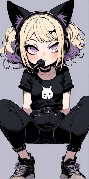 sticker design, Super realistic, full body, chibi, a cute girl with cat ears, short light blonde hair, the ends of her hair dyed lavender, black lipstick, black eyeliner, headphones hanging around her neck, flying goggles on her head, black goth punk Dressed in a short-sleeved hollow top, tight jeans, and a work fanny pack, sitting on a small stool with her elbows on knees and her chin on palms, showing a thinking expression and her mouth slightly poutted. Simple light gray background.