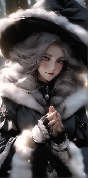 An artistic vision of a witch dressed in winter gothic Lolita attire with fox fur scarf. She has a fox fur gloves on her hands. Half smile. One eye closed. Dark forest. Disheveled hair. Close-up shot. Cluttered maximalism. Low-key lighting. Photorealistic. High angle. ani_booster,real_booster
