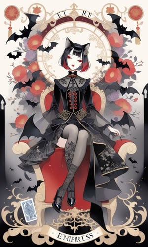 (1woman), sit on a golden chair, front, (show leg), close eyes, bob cut, short hair, multicolored hair, makeup , parted lips, black lips, eyeliner, gothic, goth girl, her hair is styled in a bob with bangs. the tips of her hair are dyed red, full body, fractal art, (tarot card design), botanical illustration, black bats and cat illustration, classic, elegant flourishes, lofi art style, retro, (text that says "Empress"at bottom), best quality, masterpiece, extremely detailed, intricate details, dark theme ,chinese ink drawing,painting