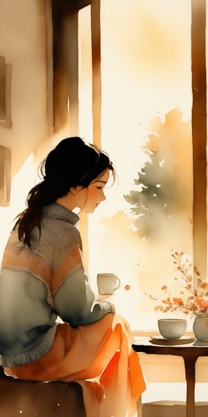 In a serene, minimalist setting, a young girl sits pensively by a window, her chin held high as she gazes out at the soft, watercolor-washed world beyond. A scattering of stationery and steaming hot tea cups adorn the table, surrounded by loose threads of a turtleneck sweater. The melancholic atmosphere is tempered by the warm, sunny light streaming through the panes, casting gentle shadows on the pages of books that whisper secrets of nature and wisdom. The image is rendered in exquisite 8K detail, with delicate ink lines and watercolor wash blending seamlessly to evoke a sense of tranquility and contemplation.