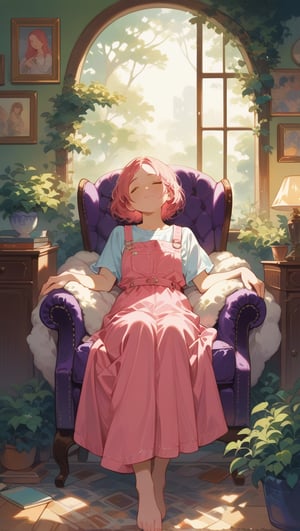 In a warm, cozy setting, an 18-year-old girl with long, coral pink hair sits comfortably on the armrests of a plush purple armchair. Her head is tilted back, gazing up at the ceiling as lush greenery gradually covers the walls, reaching the foot of the chair. Her detailed face, framed by a little nose and scattered freckles, shines with a soft, pale complexion. She closes eyes and long eyelashs sparkle beneath the gentle curve of her eyebrows. She wears a short candy pink dress that showcases her small stature and curvy figure. The overall atmosphere is one of relaxation, with warm lighting and a subtle sense of serenity.