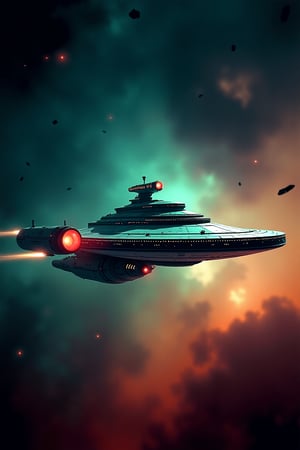 (generate sci-fi novella book cover:1.4), in the style of star trek ; there is a spaceship, it is an imposing exploration spaceship and it appears battered and worn, as if it had weathered a brutal attack ; Debris trails linger in the surrounding space, a grim reminder of the ship's struggles ; pastel ; vintage colors ;