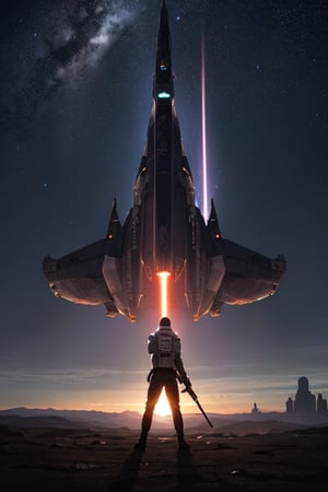 space ship, battle, dark sun, stars, laser, outer_space, foreground a man is view from back a gun in one hand,