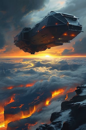 Orbiting above the foreboding, cloud-shrouded planet, an imposing exploration spaceship appears battered and worn, as if it had weathered a brutal attack. Debris trails linger in the surrounding space, a grim reminder of the ship's struggles. The dark planet's surface is obscured by a thick veil of clouds, lit only by flashes of lightning that illuminate the tumultuous storms raging across its surface. In the distance, the sun hangs low, its fiery crown ablaze with oranges and reds, casting an ominous glow over the desolate scene.