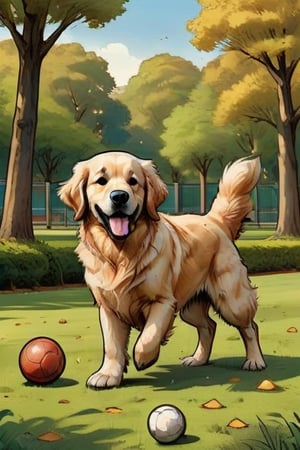 cachorra dulce y alegre golden retriver color beige, con  el pelaje lacio y largo, sentada en el parque jugando con pelota,comic book
