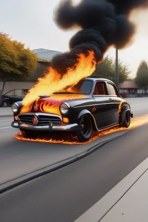 a black car with a tattoo of flames releasing fire from the tires, a pavement of hell