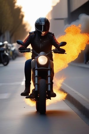 moto negra shopper con fuego en las ruedas en la calle con el pavimento soltado fuego en un día de sol