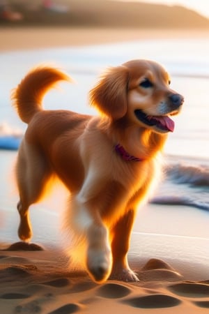 cachorra golden retriver de color beige, de pelo liso  largo hasta el piso, con un lazo rojo en cuello brillante , en un dia de sol brillante en la playa corriendo por la orilla del mar