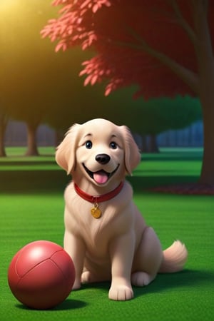 puppy golden retriver color beige, en el parque jugando, con la pelota, roja, el verde pasto y el sol brillante de la tarde, arboles frondosos, 




,Apoloniasxmasbox,3D MODEL,Disney pixar style,APEX colourful 
