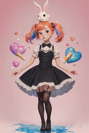 (masterpiece of watercolor,high color:1.1),photo-realistic,18 years old,very short stature,solo,pretty Idol girl standing frontal body,(rabbit on her head:1.2),legs apart,plump round face,(black eyes,round eyes),slender body girl,medium breast,gothic-lolita dress with lace decoration,lace stockings,pumps,straight hair,twin-tails,bangs,heart paint on cheek,from front,full body,(ultra-detailed rabbit:1.1)
BREAK
simple background,PINK background,broken water color,(colorful heart shapes are scattered),rabbit,cartoon,post-Impressionist