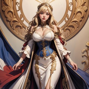 (masterpiece,photo-realistic,RAW photo,8K wallpaper),best quality,A masterpiece of Art Nouveau style illustration,The goddess of victory standing wide stance,wearing Art Nouveau style clothes,fluffy dress,corset,fluffy long_skirt,(holding the French flag).Liberty Leading the People, Glamorous thick body, beautiful big breasts, white skin,blonde, bangs,wavy long hair,Japanese girl's face