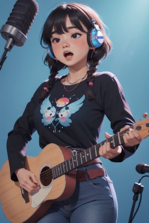 masterpiece of watercolor,soft Light,best quality,18 years old,Japanese Girl singing in recording studio,standing in front of a microphone stand,short stature,very cute,(bangs,fluffy black short-hair,twin-braids),round face,cute round droopy eyes,(closed eyes:0.4),(blush:1.2),(open mouth),plump cheeks,medium body,gigantic breast,thin waist,muscular thick legs,white skin,(headphones:1.1),earring,necklace,black long-sleeve T-shirt,belt,jeans,perfect hands,isometric view,bust shot
BREAK
(simple background,light-blue background,Music notes:1.3)