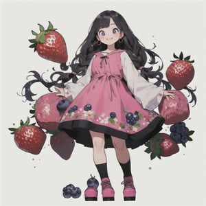(ultra-detailed,best quality,masterpiece,finely detail, high res,8K RAW photo,realism),solo,(14 years old,Girl standing among big strawberries and blueberries and grapes on the ground,smiling,beautiful short staturet girl,frontal body,full body:1.2),(wearing pink tunic dress,knee high socks,platform shoes:1.2),(beautiful Black hair,wavyTwin-Braids,bangs),(round face,large-pupils,big round eyes,medium body,round breasts,thin waist,thick legs.long torso:1.2),(large earrings),front view,isometric,diorama,bloom,high lights.(from a distance.long shot:1.2),realistic lighting,(simple background,white background:1.3),post-Impressionist,cartoon