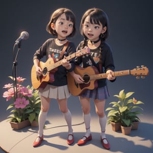 (isometric 3D model:1.1).(ultra-detailed,best quality,masterpiece,finely detail, high res,8K RAW photo,realism),Calm and friendly atmosphere,(smiling,open mouth:1.1),(Japanese Girl standing and singing while playing guitar,acoustic guitar,beautiful short staturet girl,full body:1.1),wearing long-sleeve graphic T-shirt,skirt,black knee-high socks,pumps:1.2),(beautiful fluffy short hair,black hair,thick twin-Braids,bangs),(round face,large-pupils,droopy eyes,chubby thick body,gigantic breasts,thin waist,wide hips,very thick legs:1.2),(large earrings,choker),front view,isometric,diorama,bloom,high lights.(from a distance:1.2),realistic lighting,Chibi,in front music studio,
BREAK 
(simple background,Vivid and colorful background:1.3),isometric view