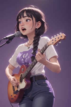 masterpiece of watercolor,soft Light,best quality,16 years old,Japanese Girl singing in recording studio,playing white electric guiter with strap,short stature,very cute,(bangs,fluffy black short-hair),(twin-braids:1.2),round face,cute round droopy eyes,(closed eyes:0.5),(blush:1.2),(open mouth),plump cheeks,medium body,heavy gigantic breast,thin waist,large hips,muscular thick thigh,white skin,sweaty skin,earring,necklace,gothic T-shirt,belt,jeans with lace-up decoration,perfect hands,front view,from front,cowboy shot
BREAK
(simple background,light-purple background,many Music notes:1.3)