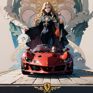 masterpiece,best quality,watercolor illsturation,Le mans car art nouveau style concept art,(Red Racing Ferrari SF90 Spider with art nouveau style colouring:1.2),front view,from front,ASURADA_GSX
BREAK
goddess of victory standing in front car.holding french flag high.art nouveau style dress,blonde wavy hair,star-shapes earrings,like a Liberty Leading the People
BREAK
background is art nouveau style illsturation,One Eiffel Tower