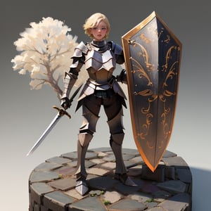 (isometric 3D model:1.1).(ultra-detailed,best quality,masterpiece,finely detail,high res,8K RAW photo,realism),(22 years old,she is a brave knight,beautiful girl,standing on cobblestone,frontal face,frontal body,isometric view,full body:1.2),(wearing female knight armor,white clork.holds a long-sword in her right hand. In her left hand she holds a shield.:1.2),(beautiful fluffy hair,blonde hair,pixie cut,bangs),(round face,large-pupils,droopy eyes,medium body,big breasts:1.2),(earrings),isometric,diorama,bloom,high lights.(from a distance.long shot:1.2)
BREAK 
(simple background,background color is white:1.3),nodf_lora,fantasy