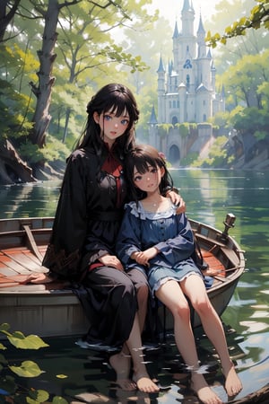 hyper-realism,photo-realistic,masterpiece,cowboy shot, portrait,Fantastic and dreamy atmosphere,very cute Idol face,Two aristocratic girls is resting in the shade of a tree by the lake, sitting leaning against a tree,in deep forest,A large castle can be seen beyond the deep forest.Fantasic dress,barefoot,black hair,beautiful long hair,bangs,white skin,happy,big smile,small boat on the lake,nodf_lora