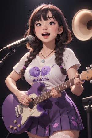 masterpiece of watercolor,soft Light,best quality,16 years old,Japanese Girl singing in recording studio,playing white electric guiter with strap,red guiter,short stature,very cute,(bangs,fluffy black medium hair,thick twin-braids),round face,cute round droopy eyes,(closed eyes:0.3),(blush:1.2),smile,(open mouth,pink lips),plump cheeks,medium body,(gigantic breast,thin waist,wide hips,muscular thick legs),white skin,sweaty skin,jewelry earring,necklace,print T-shirt and pleated long skirt with Lace decoration,black lace stockings,high heels,perfect hands,front view,from front,full body,from a distance
BREAK
(simple background,light-purple background,many Music notes:1.3)