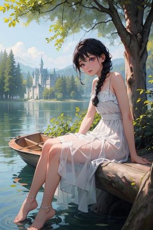 masterpiece,cowboy shot, portrait,Fantastic and dreamy atmosphere,very cute Idol face,(Three aristocratic girls is resting in the shade of a tree by the lake:1.1), sitting leaning against a tree,in deep forest,A large castle can be seen beyond the deep forest.Fantasic dress,barefoot,black hair,braided,happy,smile,small boat on the lake