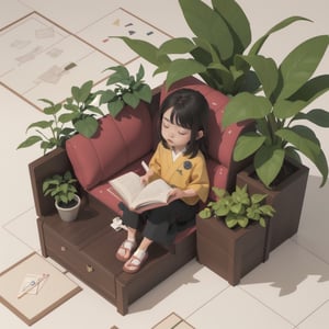 14 years old,cute japanese girl.looking at viewr,perfect eyes,A girl is sitting on the sofa and reading her book.isometric 3D model. Adhere to minimalist Japanese design principles and incorporate houseplants for a soothing atmosphere.(cutaway diagram,from a distance:1.2)