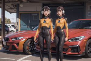 Masterpiece,best quality,space fantasy atmosphere,(Three girl standing upright,perfect body,bangs,various hair style),very pretty japanese girl,round face,cute eyes,(various body shape,body thickness,breast size and torso length.),wearing beautiful bodysuit,camel toe,space fantasy style headset,earrings
BREAK
in front parked one car in garage,in the car garage,red racing car