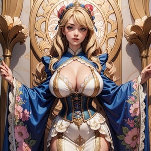 masterpiece,8K wallpaper,(photo-realistic:0.6),best quality,A masterpiece of Art Nouveau style illustration,The goddess of victory standing wide stance,wearing Rococo style clothes,fluffy lacy dress,corset,fluffy long_skirt,(holding the French flag).(Liberty Leading the People:0.5),Glamorous thick body, beautiful big breasts, white skin,blonde, bangs,wavy long hair,Japanese girl's face